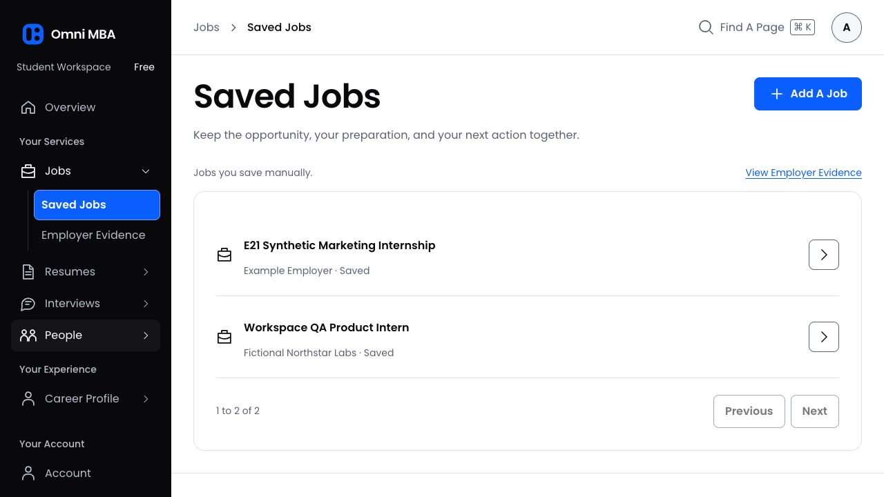 Saved Jobs dashboard showing two saved roles and the Add A Job action.