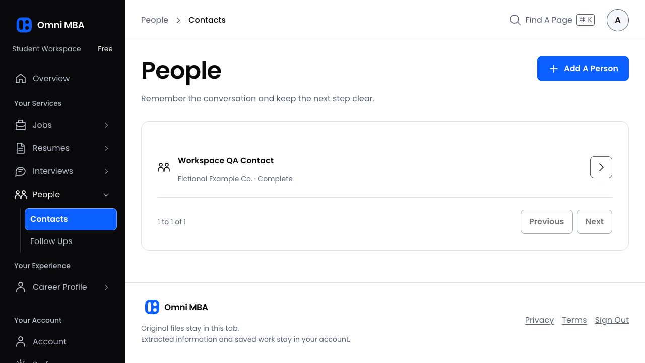 People dashboard showing a saved contact and the Add A Person action.