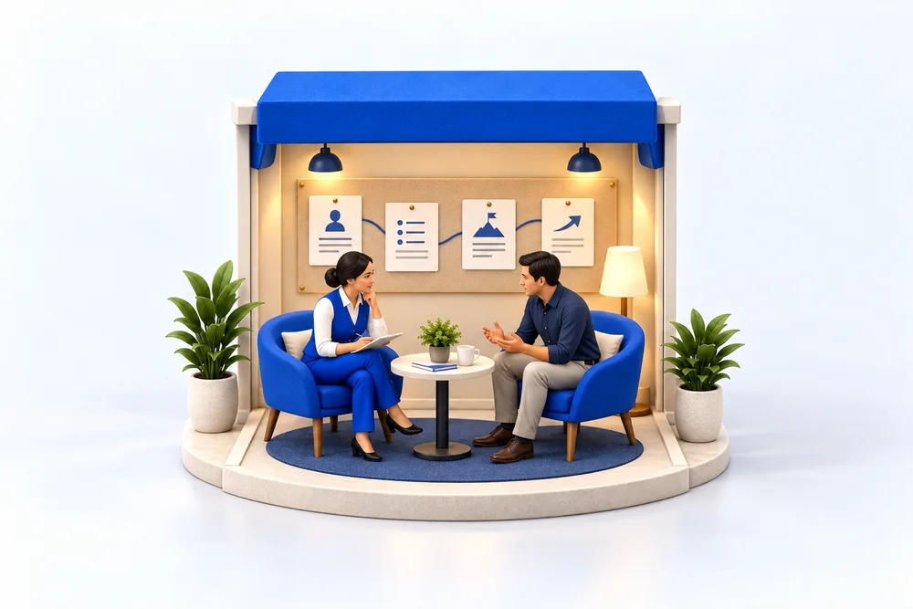 A miniature helper listens to a student beside a board of four story cards.