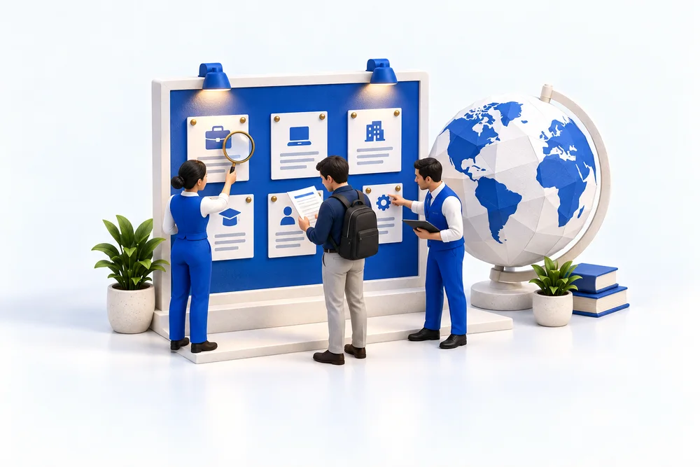 Miniature helpers and a student inspect posting cards on a blue board beside a paper globe.