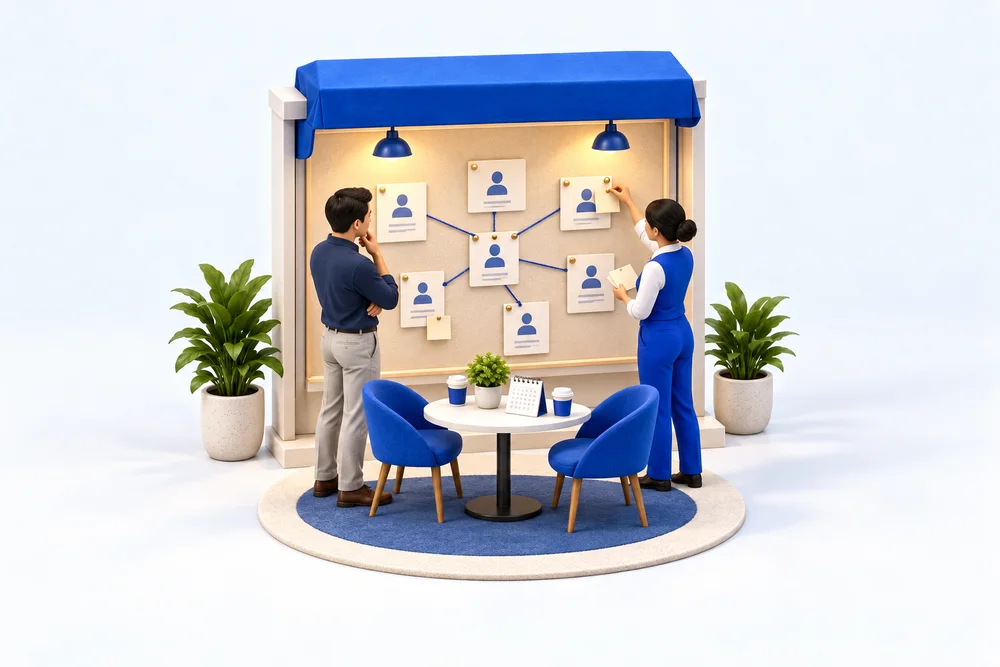 A miniature helper and student organize contact cards above a cafe table and calendar.