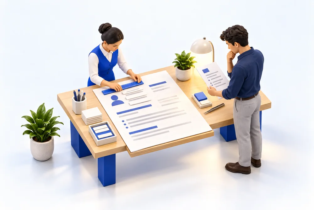 A miniature helper aligns a resume at a workshop table while a student checks a job brief.