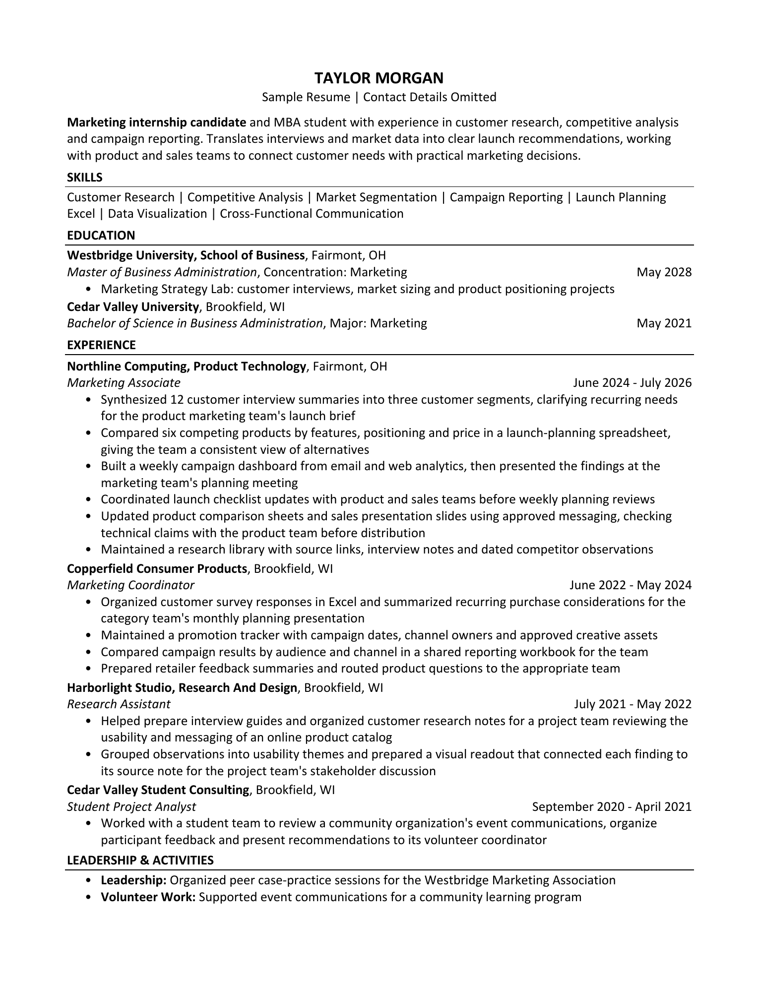 Sample Taylor Morgan resume after three reviewed marketing-focused changes, in the same one-page layout, with no personal or contact information.