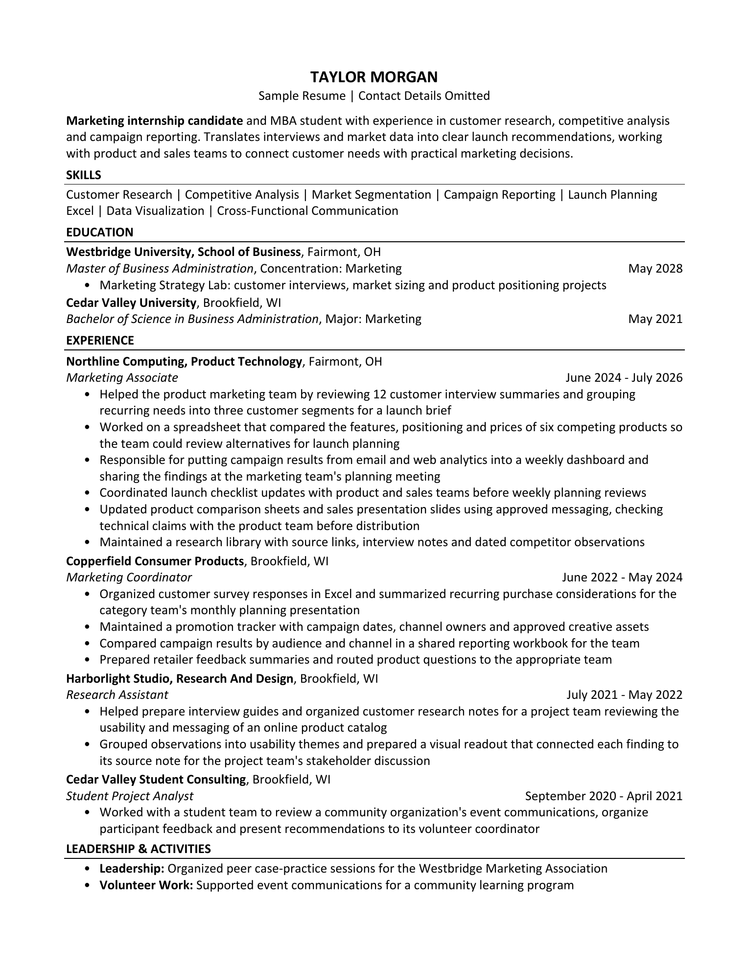 Sample Taylor Morgan resume before tailoring to a sample marketing internship, with no personal or contact information.